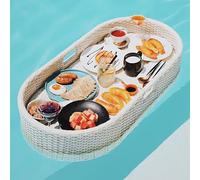 Floating Rattan Breakfast Tray Deluxe Pool Service Tray for Drinks & Brunch White Floating Table for Poolside Relaxation & Entertaining