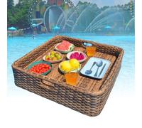 Floating Rattan Pool Tray, 60/80cm Large Capacity Tray, Aluminum Alloy Frame, Handles on Both Sides & Easy Movement, 2 Colors, for Water Exterior, Tabletop,80cm,Brown