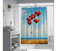 Floating Red Hearts over Ocean Shower Curtain Blue Sky and Golden Field Background Fabric Bath Curtain Love Theme Bathroom Decoration 200 x 200 cm