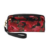 Floating red Rose Petals Printed Leather Makeup Bags with Wrist Strap Portable Travel Toiletry Bag Cosmetic Organizer Bag for Women