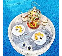 Floating Serving Tray, Round Floating Serving Tray, Rattan Stylish Tray on The Water for Pools, Spas, and Beaches, Ideal for Serving Drinks and Food,White