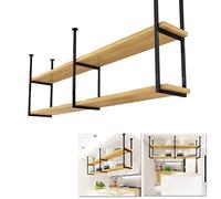 Floating Shelves Decorative 2 Tier Wood Shelving, Kitchens Storage Rack with Ceiling Hanging Metal Iron Frame Plant Shelf Flower Pot Stand Wine Holder for Bars,Living Room/Restaurants
