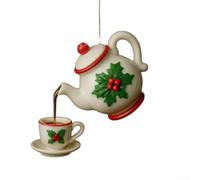 Floating Teapot and Tea Cups Christmas Ornament with Festive Berry and Leaf Accents for Home Decor (A)