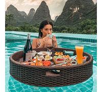 Floating Tray Rattan Woven Serving Tray,Multifunction Floating Breakfast Tray, Swimming Pool Floating Tray Table, Water Surface Floating Disc, For Pool Serving Drinks, Brunch, Food On The Wate,White-