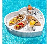 floating trays, Floating Pool Tray Rattan Floating Tray Table & Bar with Handles Heart-Shaped Breakfast Tray on The Water(White,83X80X15CM)