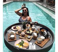 floating trays, Rattan Woven Serving Tray - Floating Drink Holder with Handle 4-Hole Capacity - Breakfast Tray on The Water(Black,80CM)