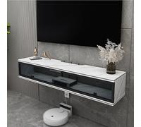 Floating Tv Shelf Stand Cabinet Unit Media Wall Mounted Long Tv Media Units Console With Storage Doors,Wall-Mounted Floating TV Stand - White Wood Media Console with Rock Board Pattern, Mode