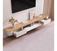 Floating Tv Shelf,Wall Mounted TV Stand - Solid Wood Floating Console with White Cabinet & Wood Top - Minimalist Media Shelf for Living Room - Available in 120-300cm (220CM/86.6IN)