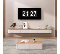 Floating TV Stand In Solid Wood, Wall Mounted TV Cabinet Floating Shelves Modern Entertainment Media Console Center Large Storage TV Bench with Door(Wood+White,160cm)