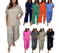 Floaty Sleeve Trouser Set, 2-Piece Sleeved Trouser Suit for Women, Loose Fit Culotte Set 2 Piece Solid Color Suit (Color : Light Khaki, Size : L)