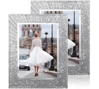 Flocey 5x7 Picture Frame Glass 2 Pack, Sparkly Glitter Photo Frame 5 x 7 Mirror Crystal Wedding Gift Wall and Tabletop Display