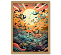 Flock of Birds Flying at Sunrise Modern Folk Art Artwork Framed Wall Art Print A4 Artery8 Light Oak One Size