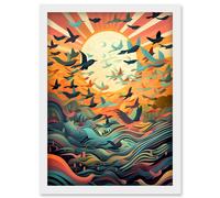 Flock of Birds Flying at Sunrise Modern Folk Art Artwork Framed Wall Art Print A4 Artery8 White One Size