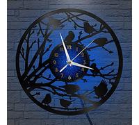 Flock of birds on a branch theme Vinyl Record vintage Wall Clock for Kitchen(B,with LED)