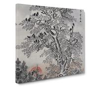 Flock of Crows at dawn by Kawanabe Kyosai Asian Japanese Canvas Wall Art Print Ready to Hang, Framed Picture for Living Room Bedroom Home Office Décor, 14x14 Inch (35x35 cm)