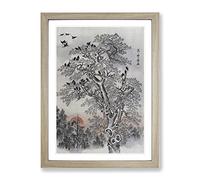 Flock Of Crows At Dawn By Kawanabe Kyosai Asian Japanese Framed Print | A2 Oak Framed Wall Art | Ready to Hang | Asian Animal Picture | Living Room Bedroom Lounge Office