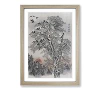 Flock of Crows at Dawn by Kawanabe Kyosai Framed Print | A2 Oak Framed Wall Art | Ready to Hang | Modern Animal Picture | Living Room Bedroom Lounge Office