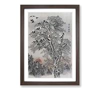 Flock of Crows at Dawn by Kawanabe Kyosai Framed Print | A2 Walnut Framed Wall Art | Ready to Hang | Modern Animal Picture | Living Room Bedroom Lounge Office