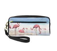 Flock of Flamingos On The Beach Double-Sided Printed Leather Portable Makeup Pouch-Multi-Purpose Cosmetic Bag, Pencil Case and Organizer for Women