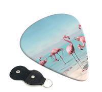 Flock of Flamingos on The Beach Printed Guitar Picks, 6 Pack with Leather Keychain Pick Holder - 0.46mm, 0.71mm, 0.96mm Assorted Thickness for Acoustic Ukulele, Electric Guitar, Acoustic Guitar, Bass