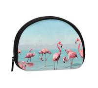 Flock of Flamingos on The Beach Printed Mini Coin Pouch, Shell Shape Zip Around Wallet, Small Zipper Pouch for Cash, Cards, Keys, Lipstick, Storage Pouch, Travel Organizer