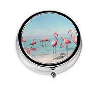 Flock of Flamingos on The Beach Printed Round Pill Organizer with 3 Compartments, Portable Mini Pill Box Pill Case for Medicine, Vitamin, Fish Oil, Supplements