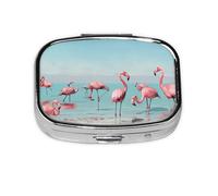 Flock of Flamingos on The Beach Printed Square Pill Organizer with 2 Compartments, Portable Mini Pill Box Pill Case for Medicine, Vitamin, Fish Oil, Supplements