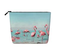 Flock of Flamingos on The Beach Printed Travel Makeup Bag Imitation Linen Cosmetic Bags Waterproof Cosmetic Case Organizer for Women