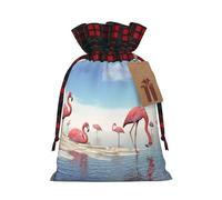 Flock Of Pink Flamingos On The Beach Christmas Drawstring Linen Gift Bag Paired With Scottish Plaid Fabric, With A Delicate And Simple Texture