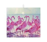 Flock of Pink Flamingos On The Beach Print Absorbent Dish Drying Mat for Kitchen Countertop Pad Non-Slip Foldable Reusable