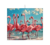Flock of Pink Flamingos On The Beach Print Absorbent Dish Drying Mat Kitchen Counter Foldable Reusable Coffee Bar Utensil Pad
