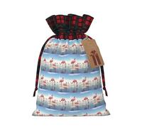 Flock Of Pink Flamingos On The Beach Printing Color Matching Plaid Drawstring Christmas Bag With Kraft Tag 4.7x6.9 In For Halloween