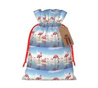 Flock Of Pink Flamingos On The Beach Printing Fashion Drawstring Bag With Kraft Tag For Christmas Halloween Party Gift Packaging