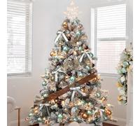Flocked Christmas Tree, Realistic Artificial Christmas Tree, Collapsible, White Prelit Christmas Tree with Balls, Ribbon Decorations, Christmas Flowers(4ft)