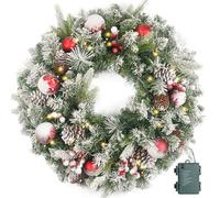 Flocked Christmas Wreath Pre-lit 24 inch with 50 Light & Red Ball Pine Cone, Artificial Christmas Wreaths for Front Door with Lights, Wreath for Christmas Decoration Door Windows Wall Green