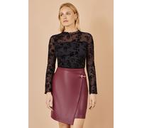 Flocked Floral Stretch Mesh Top With Long Sleeves In Black Yumi Black 8