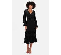 Lovedrobe Women's Midaxi Dress Ladies V-Neckline Long Sleeve Tiered Ruffle Frill Hem Flocked A-line Evening Occasion, Black 14