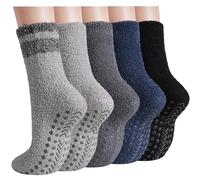 floconssy Fuzzy Socks Men with Grips, Cozy Fluffy Slipper Socks Non Slip Thick Winter Warm Soft Hospital Sleep Home 5 Pairs, Assorted Dark, 6-11