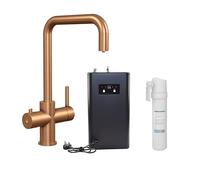 Flode 3 in 1 Instant Hot Water Kitchen Tap Kit - Brushed Copper Finish - with Space Saving Corner Tank and Carbon Filter