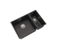 Flode Comite 1.5 Bowl Undermount Kitchen Sink 670 x 440 x 200mm - Matt Black - Composite Double Bowl Basin - Chrome Basket Wastes Included - 600mm Cabinet