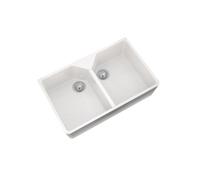 Flode Comite Double Belfast Kitchen Sink 80 x 50cm - Gloss White - Traditional Farmhouse Butler Sink - 2 Bowl Ceramic Style - Chrome Basket Wastes Included