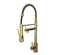Flode Flexi Kitchen Sink Mixer Tap with Pull Down Handset - Brushed Brass - Commercial Spring Kitchen Tap - Swivel Spout - Deck Mounted