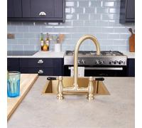 Flode Klas | 3 in 1 Instant Traditional Bridge Boiling Tap - Full Kit | Black Ceramic Levers | 3 in 1 Boiling Water tap with Tank & Filter - Instant hot Boiling Water in Your Kitchen (Brushed Brass)