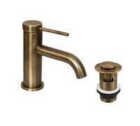 Flode Ovelo Mono Basin Mixer Tap with Push Button Basin Waste - Antique Brass Finish - Single Lever Bathroom Sink Tap