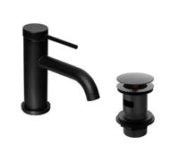 Flode Ovelo Mono Basin Mixer Tap with Push Button Basin Waste - Matt Black Finish - Single Lever Bathroom Sink Tap