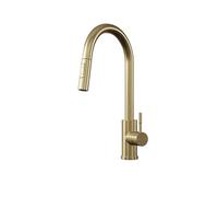 Flode Pull Out Kitchen Sink Mixer Tap - Brushed Brass Modern Single Lever Mono Mixer with Pull-Out Spray, High Pressure Deck Mounted Kitchen Tap