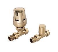 Flode Straight Thermostatic Radiator Valve and Lockshield Pair - 15mm x 1/2" - Brushed Brass - Solid Brass Construction