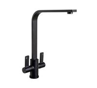 Flode Top-Fix Rena Twin Lever Kitchen Mixer Tap - Matt Black - Quick Install - Swivel Spout - Deck-Mounted - 200mm Reach