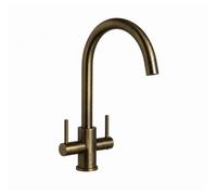 Flode Top-Fix Torra Twin Lever Kitchen Mixer Tap - Antique Brass - Quick Install - Swivel Spout - Deck-Mounted