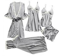 Flodxo 5 Piece Pyjamas Set Women Satin Silk Pajamas Kimono Robe Floral Lace Cami Tops Shorts Pants Nightdress Bathrobe Pjs Sets Sleepwear Soft Comfy Loungewear Ladies Sexy Nightwear Grey XL